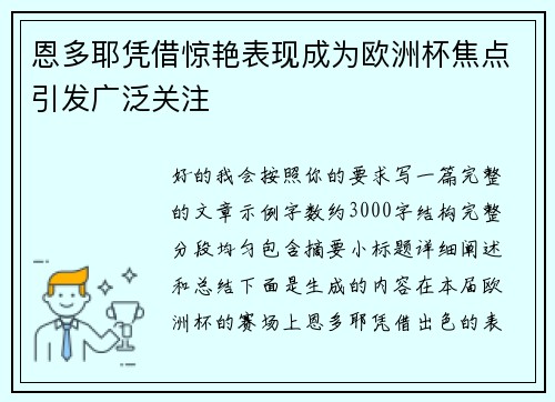 恩多耶凭借惊艳表现成为欧洲杯焦点引发广泛关注